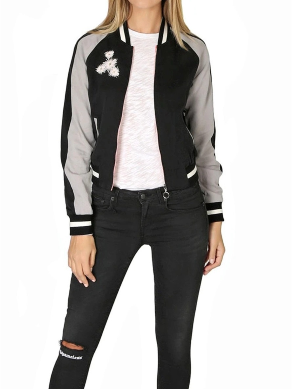 ELIZABETH AND JAMES WILLA Embroidered Reversible Bomber Jacket 100% Silk